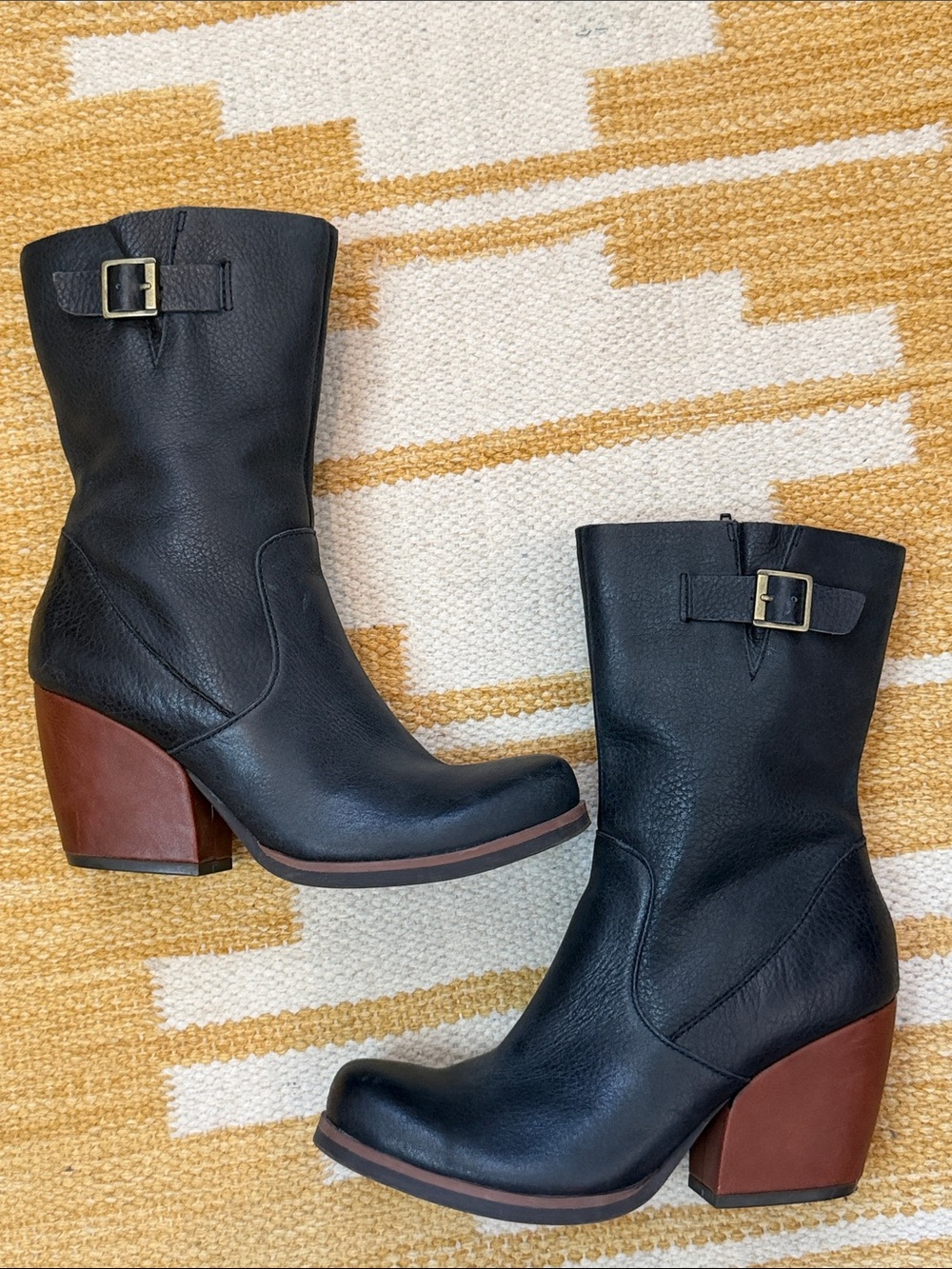Kork-Ease Turner Black Leather Mid Calf Boots Wood Block Heel Buckle Size 7.5